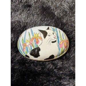 Hand-Painted Enamel Oval Trinket Dish With Cat & Flowers Design Lid